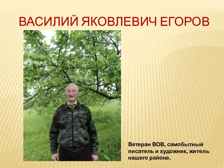 ВАСИЛИЙ ЯКОВЛЕВИЧ ЕГОРОВ Ветеран ВОВ, самобытный писатель и художник, житель нашего района.
