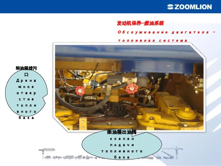 发动机保养-燃油系统 Обслуживание двигателя – топливная система 柴油箱排污口 Дренажное отверстие топливного бака 柴油箱出油阀 клапан подачи топливного бака