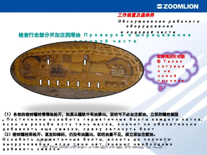 检查行走部分并加注润滑油 Проверка и шприцевание ходовой части （1）各轮的密封螺栓慢慢地松开，如果从螺纹中有油渗出，说明可不必加注新油，立即把螺栓紧固 。Постепенно ослабить герметичные болты