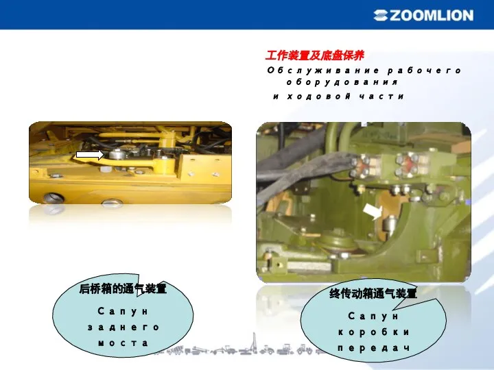 后桥箱的通气装置 Сапун заднего моста 终传动箱通气装置 Сапун коробки передач 工作装置及底盘保养 Обслуживание рабочего оборудования и ходовой части