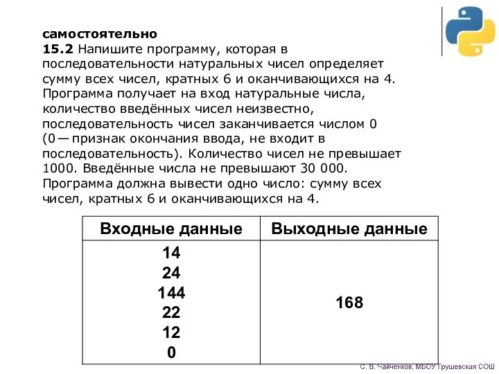 самостоятельно 15.2 Напишите программу, которая в последовательности натуральных чисел определяет сумму