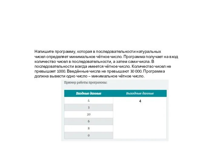 Напишите программу, которая в последовательности натуральных чисел определяет минимальное чётное число.