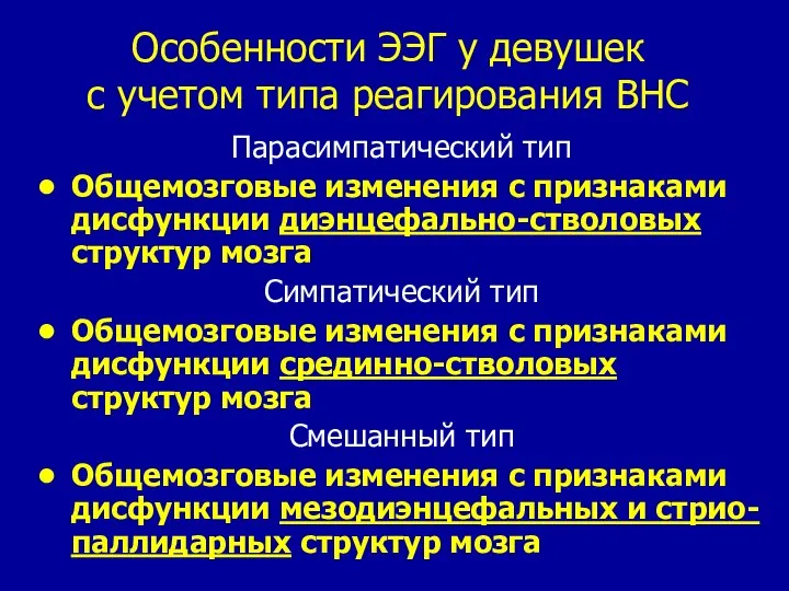 Особенности ЭЭГ у девушек с учетом типа реагирования ВНС Парасимпатический тип