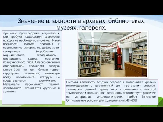 Значение влажности в архивах, библиотеках, музеях, галереях. Хранение произведений искусства и