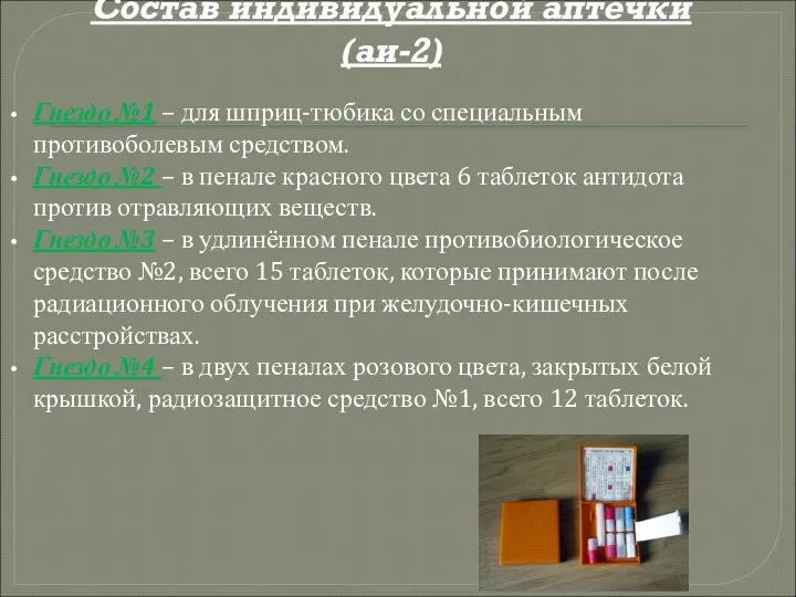 Состав индивидуальной аптечки (аи-2) Гнездо №1 – для шприц-тюбика со специальным