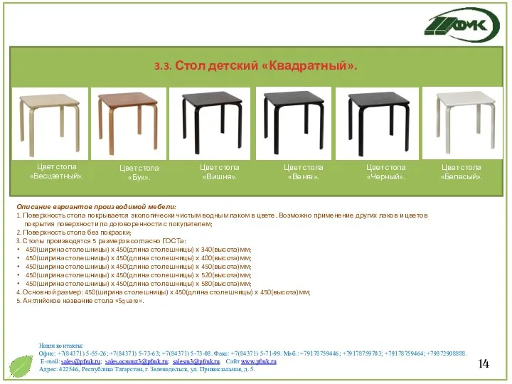 14 Описание вариантов производимой мебели: 1. Поверхность стола покрывается экологически чистым