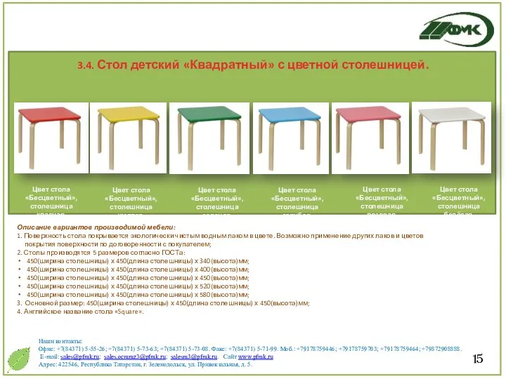 15 Описание вариантов производимой мебели: 1. Поверхность стола покрывается экологически чистым