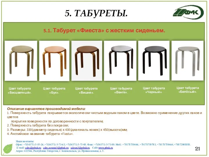 21 5. ТАБУРЕТЫ. Описание вариантов производимой мебели: 1. Поверхность табурета покрывается