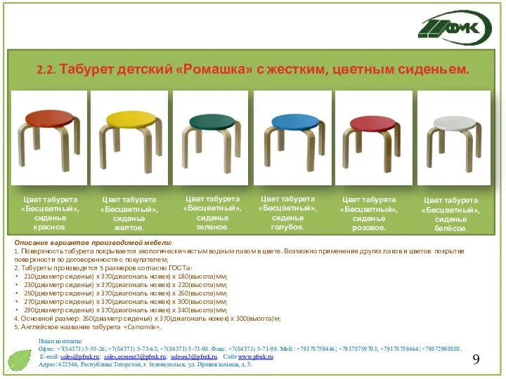 9 Описание вариантов производимой мебели: 1. Поверхность табурета покрывается экологически чистым