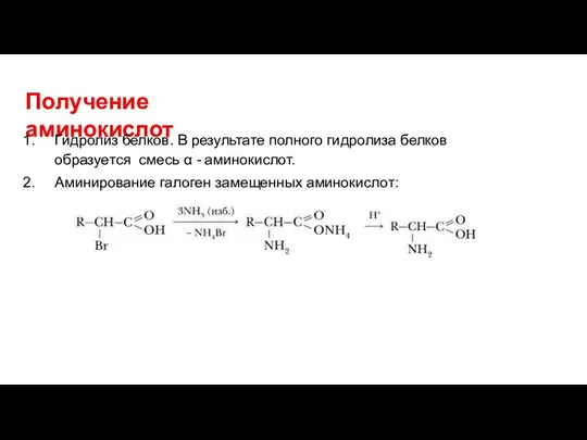 Получение аминокислот Гидролиз белков. В результате полного гидролиза белков образуется смесь