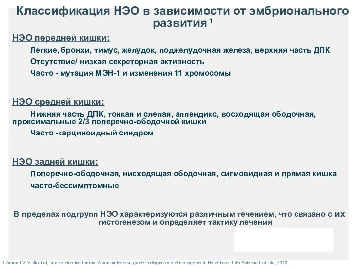 Классификация НЭО в зависимости от эмбрионального развития 1 НЭО передней кишки: