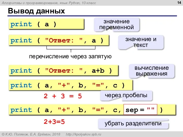 Вывод данных print ( a ) значение переменной print ( "Ответ: