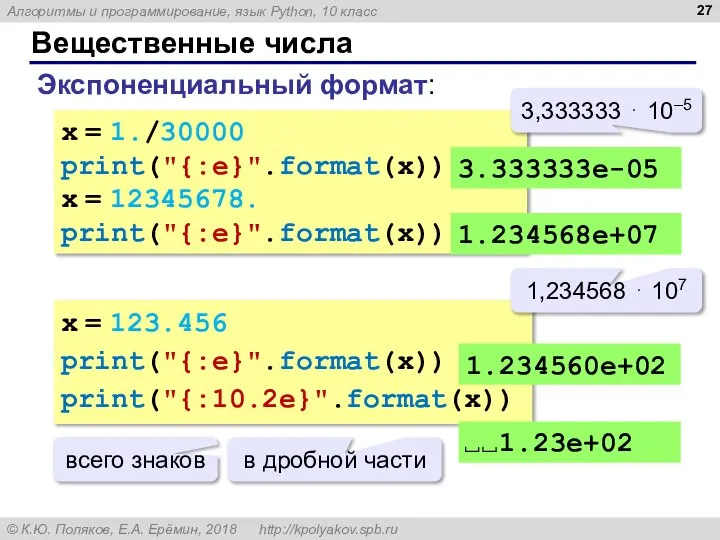 Вещественные числа Экспоненциальный формат: x = 1./30000 print("{:e}".format(x)) x = 12345678.