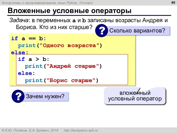 Вложенные условные операторы if a == b: print("Одного возраста") else: if