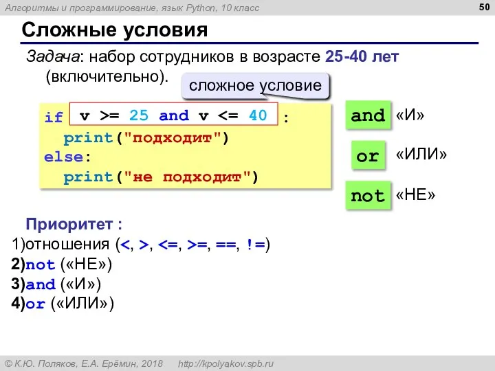 Сложные условия Задача: набор сотрудников в возрасте 25-40 лет (включительно). if