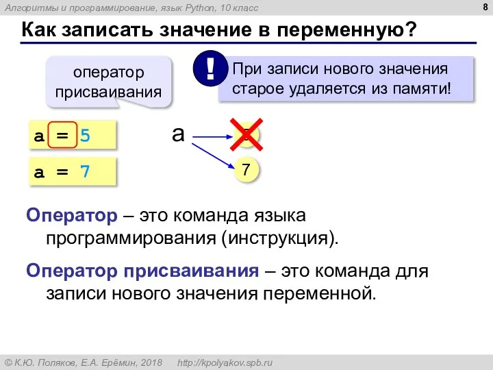 Как записать значение в переменную? a = 5 оператор присваивания 5