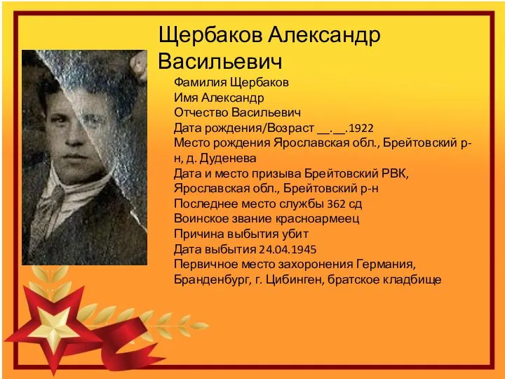 Фамилия Щербаков Имя Александр Отчество Васильевич Дата рождения/Возраст __.__.1922 Место рождения