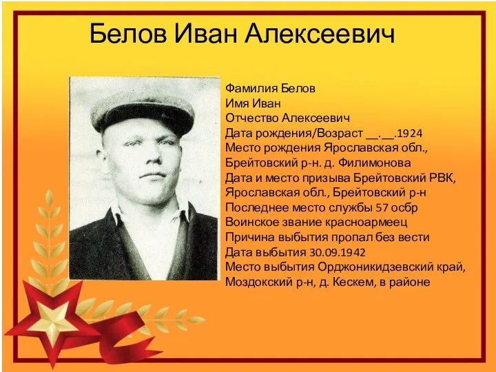 Белов Иван Алексеевич Фамилия Белов Имя Иван Отчество Алексеевич Дата рождения/Возраст