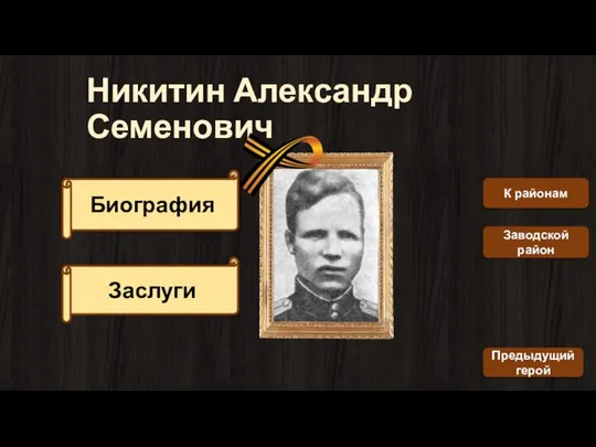 Никитин Александр Семенович Биография Заслуги К районам Заводской район Предыдущий герой