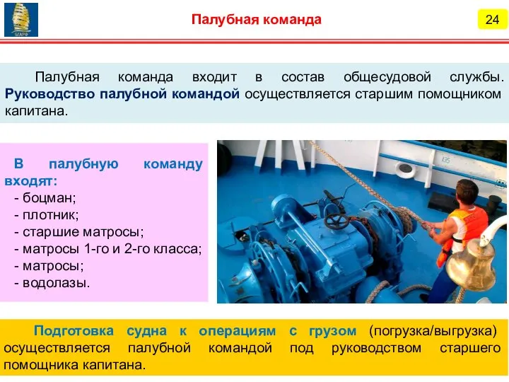 24 Палубная команда Палубная команда входит в состав общесудовой службы. Руководство