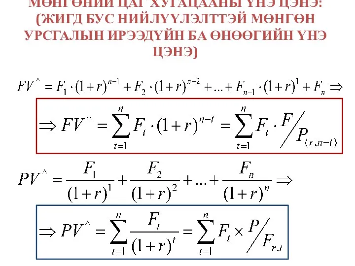 МӨНГӨНИЙ ЦАГ ХУГАЦААНЫ ҮНЭ ЦЭНЭ: (ЖИГД БУС НИЙЛҮҮЛЭЛТТЭЙ МӨНГӨН УРСГАЛЫН ИРЭЭДҮЙН БА ӨНӨӨГИЙН ҮНЭ ЦЭНЭ)