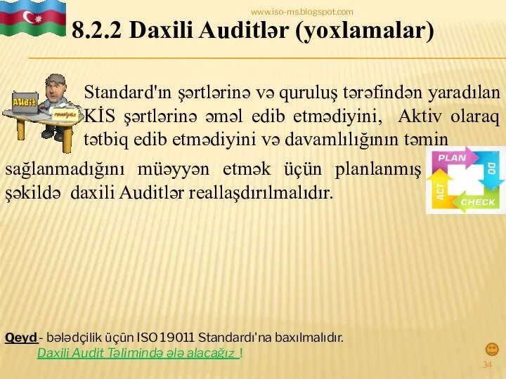 8.2.2 Daxili Auditlər (yoxlamalar) Qeyd - bələdçilik üçün ISO 19011 Standardı'na