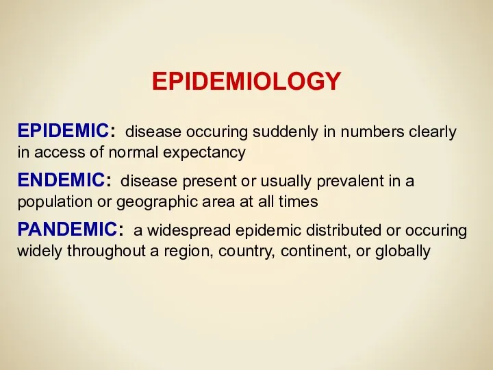 EPIDEMIOLOGY EPIDEMIC: disease occuring suddenly in numbers clearly in access of