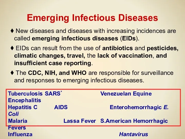 Tuberculosis SARS* Venezuelan Equine Encephalitis Hepatitis C AIDS Enterohemorrhagic E. Coli