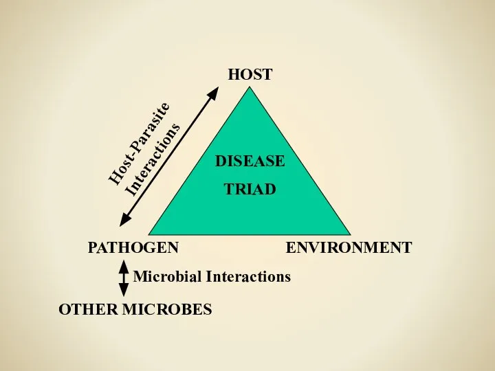 PATHOGEN ENVIRONMENT HOST DISEASE TRIAD Host-Parasite Interactions OTHER MICROBES Microbial Interactions