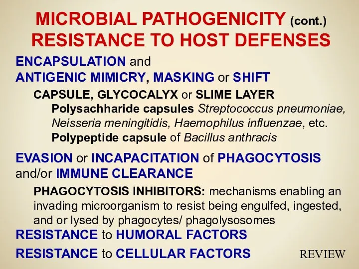 MICROBIAL PATHOGENICITY (cont.) RESISTANCE TO HOST DEFENSES ENCAPSULATION and ANTIGENIC MIMICRY,