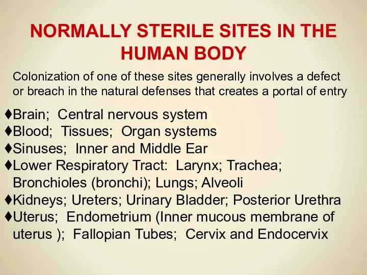 NORMALLY STERILE SITES IN THE HUMAN BODY Colonization of one of