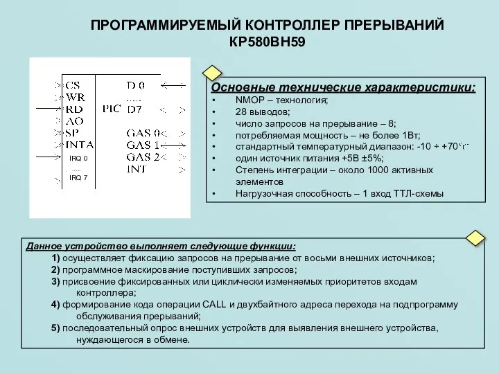 ПРОГРАММИРУЕМЫЙ КОНТРОЛЛЕР ПРЕРЫВАНИЙ КР580ВН59 Данное устройство выполняет следующие функции: 1) осуществляет