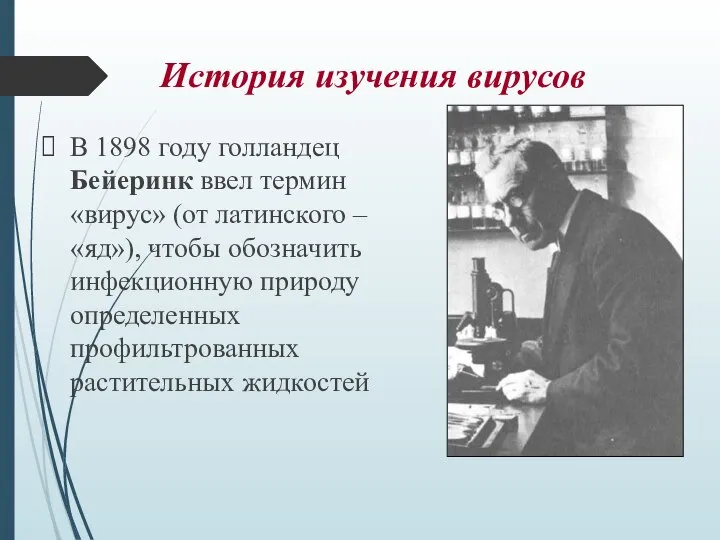 История изучения вирусов В 1898 году голландец Бейеринк ввел термин «вирус»