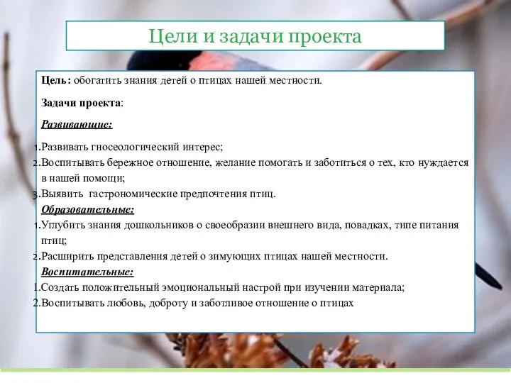 Цель: обогатить знания детей о птицах нашей местности. Задачи проекта: Развивающие: