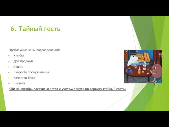 6. Тайный гость Проблемные зоны подразделений: Улыбка Доп продажи Акции Скорость