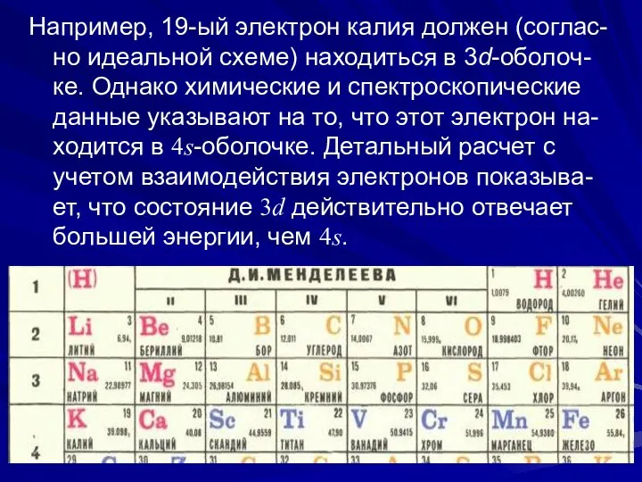 Например, 19-ый электрон калия должен (соглас-но идеальной схеме) находиться в 3d-оболоч-ке.