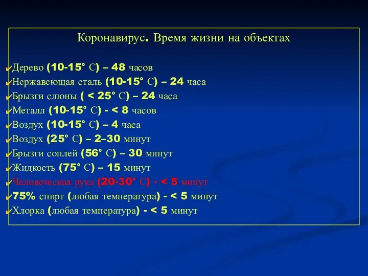 Коронавирус. Время жизни на объектах Дерево (10-15° С) – 48 часов