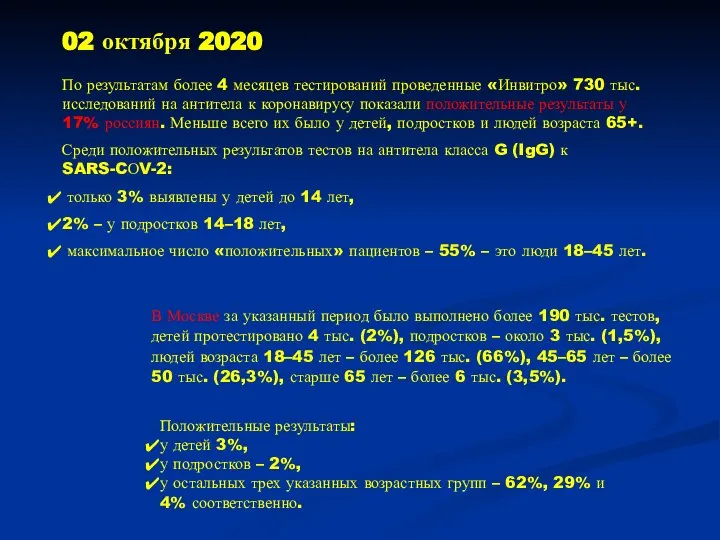 02 октября 2020 По результатам более 4 месяцев тестирований проведенные «Инвитро»