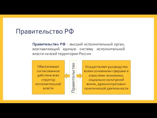 Правительство РФ Правительство РФ - высший исполнительный орган, возглавляющий единую систему