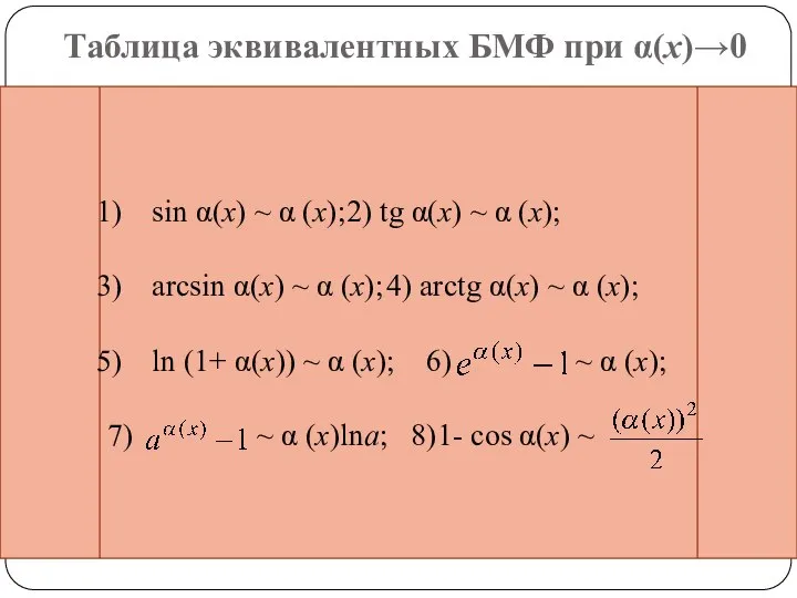 sin α(x) ~ α (x); 2) tg α(x) ~ α (x);