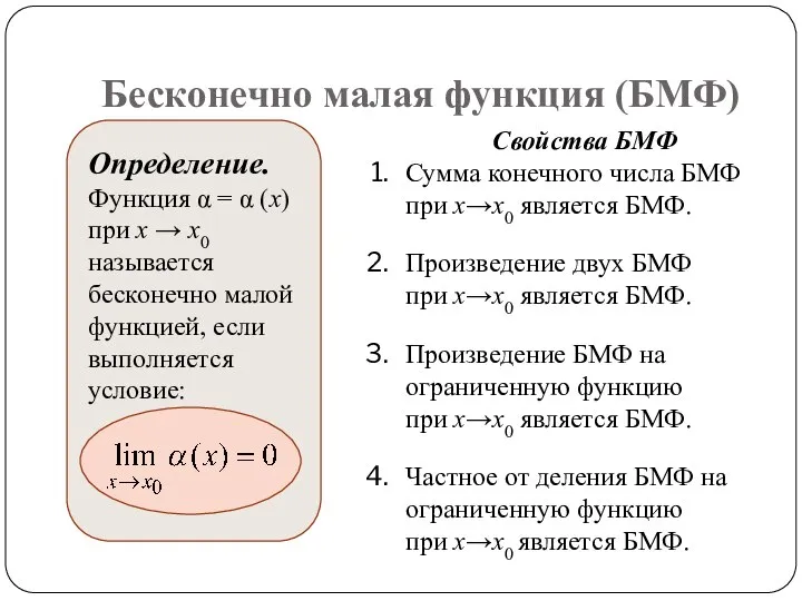 Бесконечно малая функция (БМФ) Определение. Функция α = α (x) при