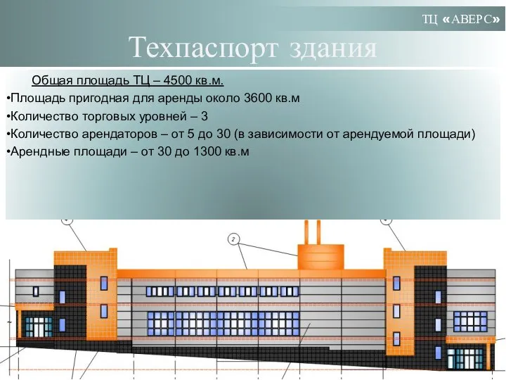 Техпаспорт здания Общая площадь ТЦ – 4500 кв.м. Площадь пригодная для