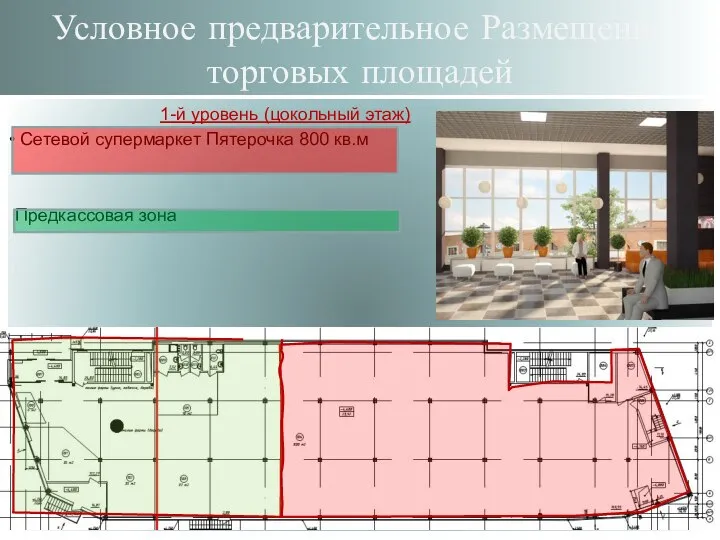 Условное предварительное Размещение торговых площадей 1-й уровень (цокольный этаж) Сетевой супермаркет Пятерочка 800 кв.м Предкассовая зона