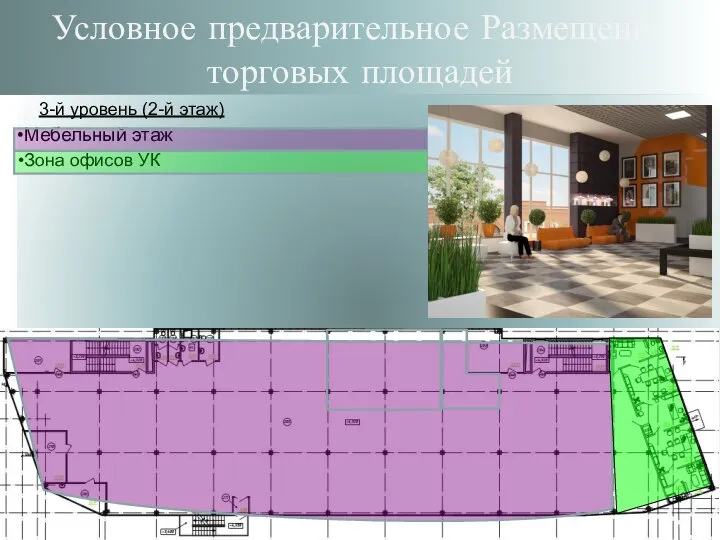 Условное предварительное Размещение торговых площадей 3-й уровень (2-й этаж) Мебельный этаж Зона офисов УК