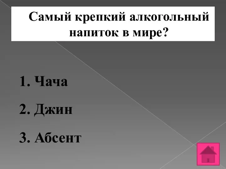 Самый крепкий алкогольный напиток в мире? 1. Чача 2. Джин 3. Абсент