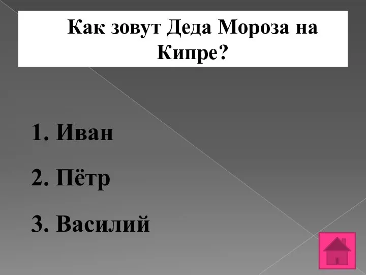 Как зовут Деда Мороза на Кипре? 1. Иван 2. Пётр 3. Василий