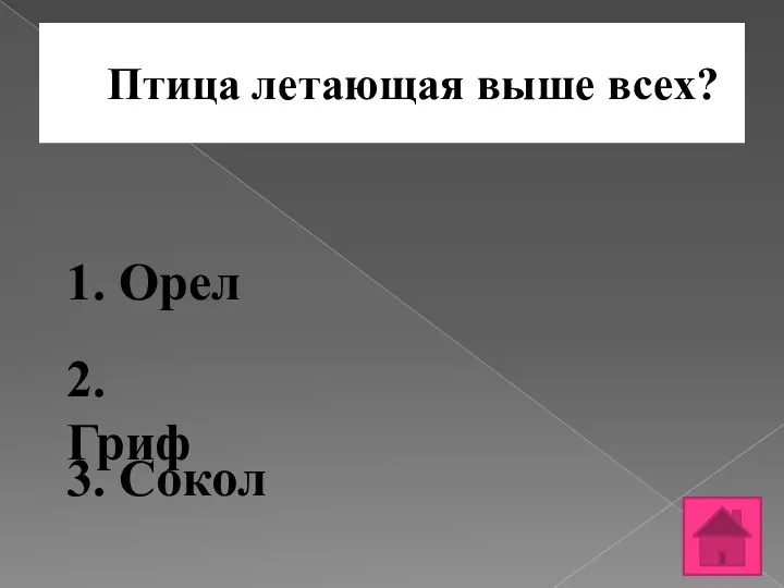 Птица летающая выше всех? 1. Орел 2. Гриф 3. Сокол