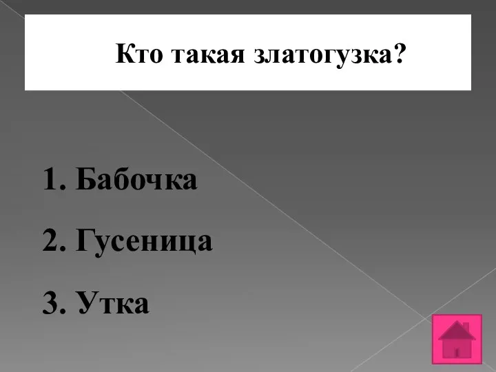 Кто такая златогузка? 1. Бабочка 2. Гусеница 3. Утка