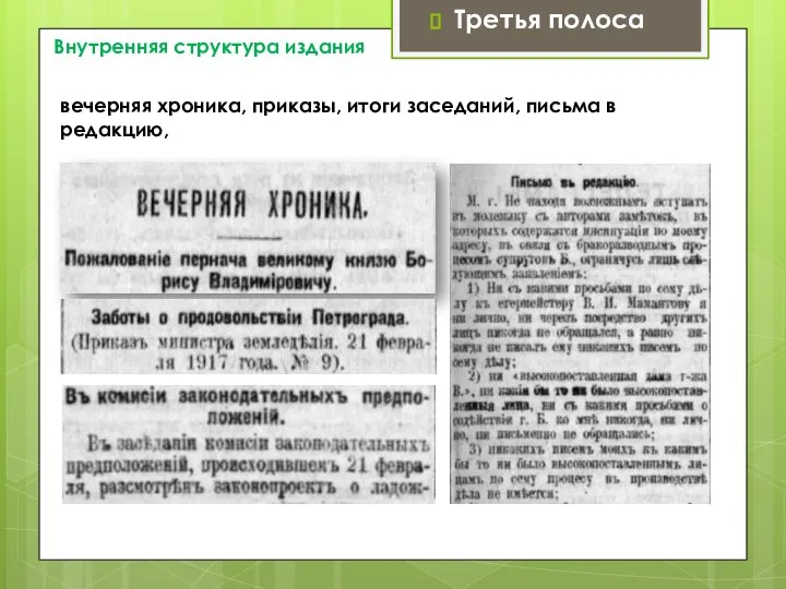 Внутренняя структура издания Третья полоса вечерняя хроника, приказы, итоги заседаний, письма в редакцию,