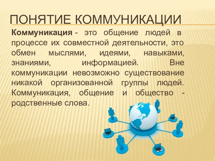 ПОНЯТИЕ КОММУНИКАЦИИ Коммуникация - это общение людей в процессе их совместной